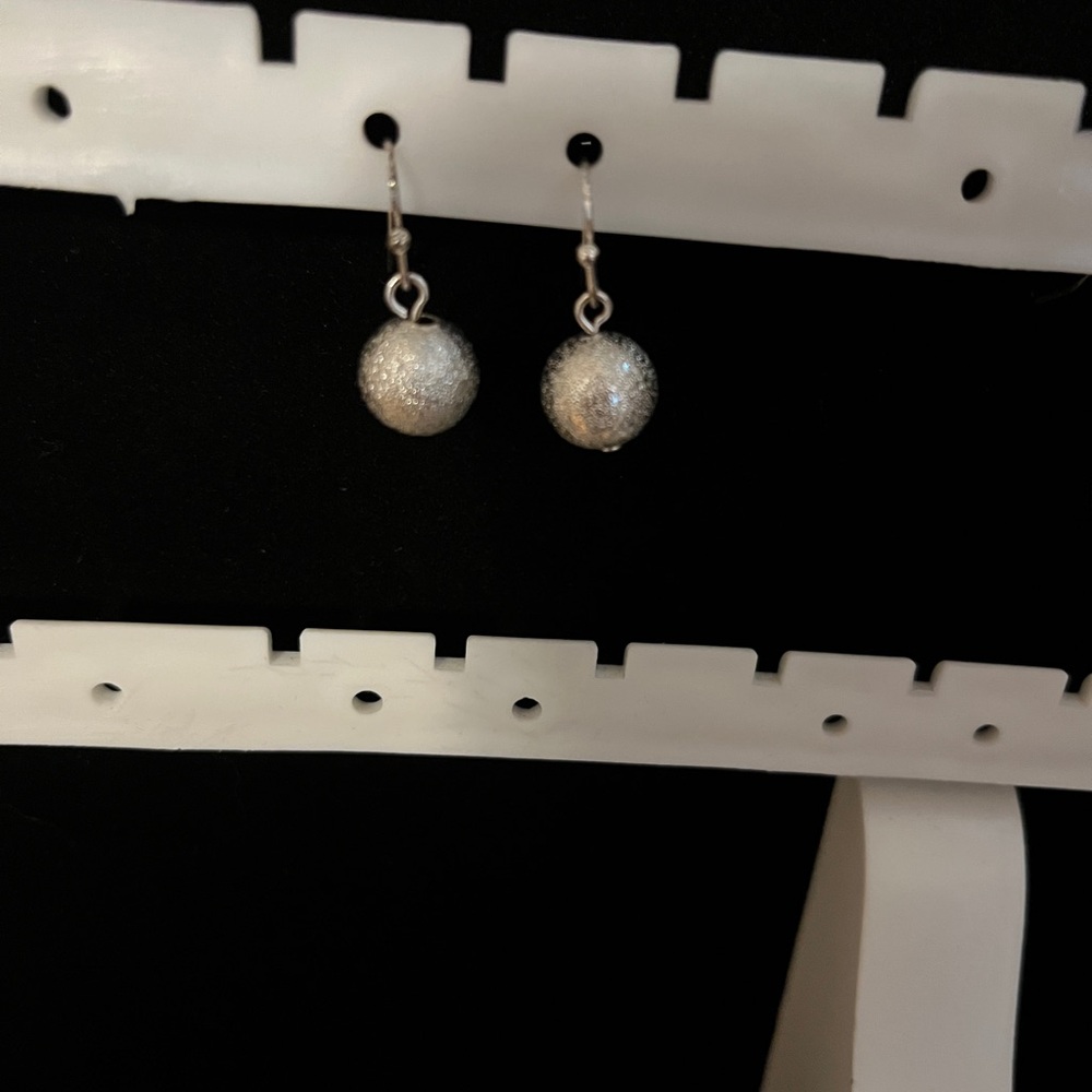 Silver Tone Round Bead Globe Drop Dangle Earrings Pierced Hook